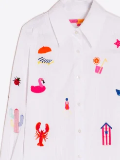 Vilagallo Camisa Bordada Algodon Rayas Blanca Outlet