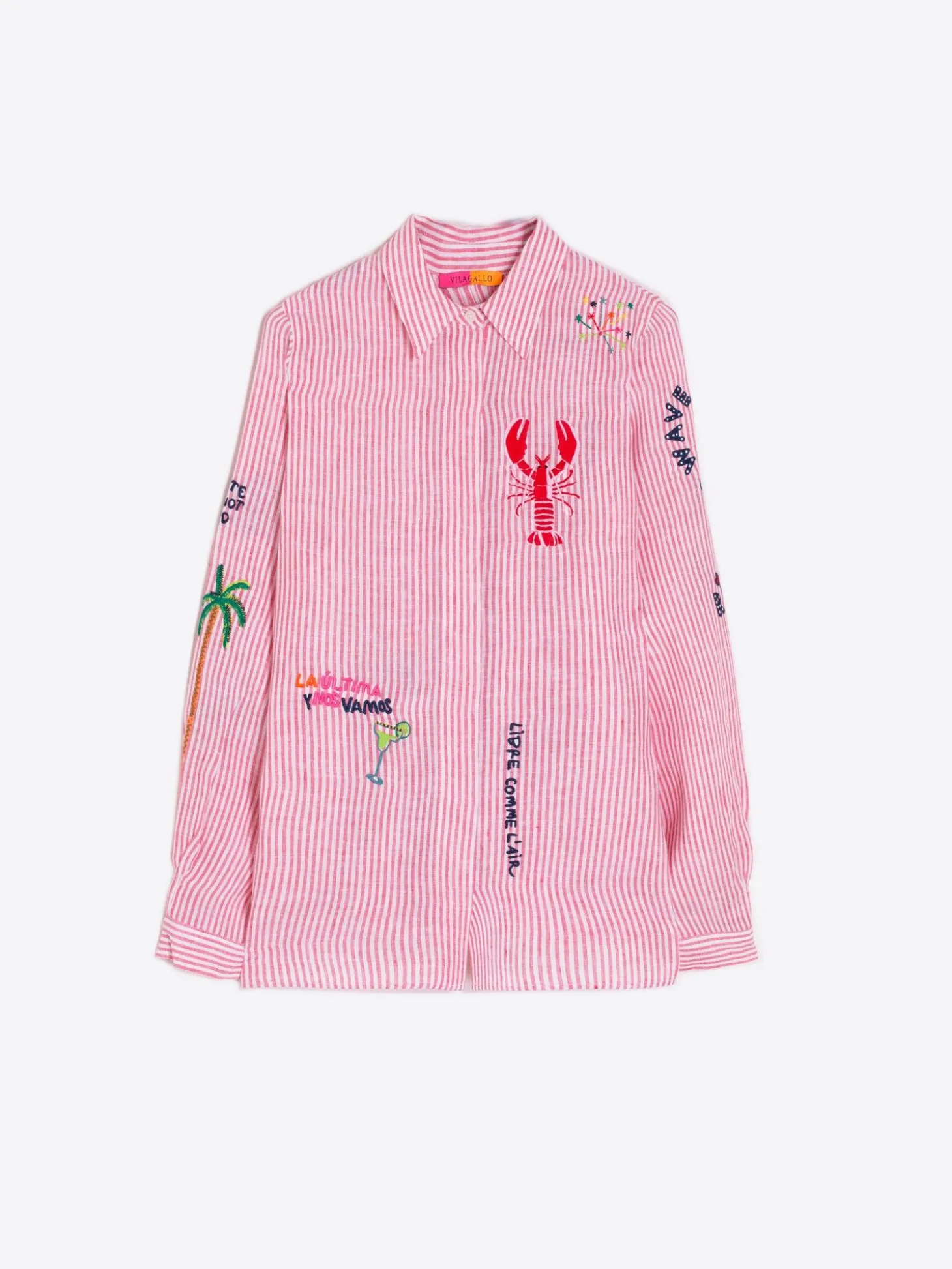 Vilagallo Camisa Lino Bordada Rayas Rojo Shop