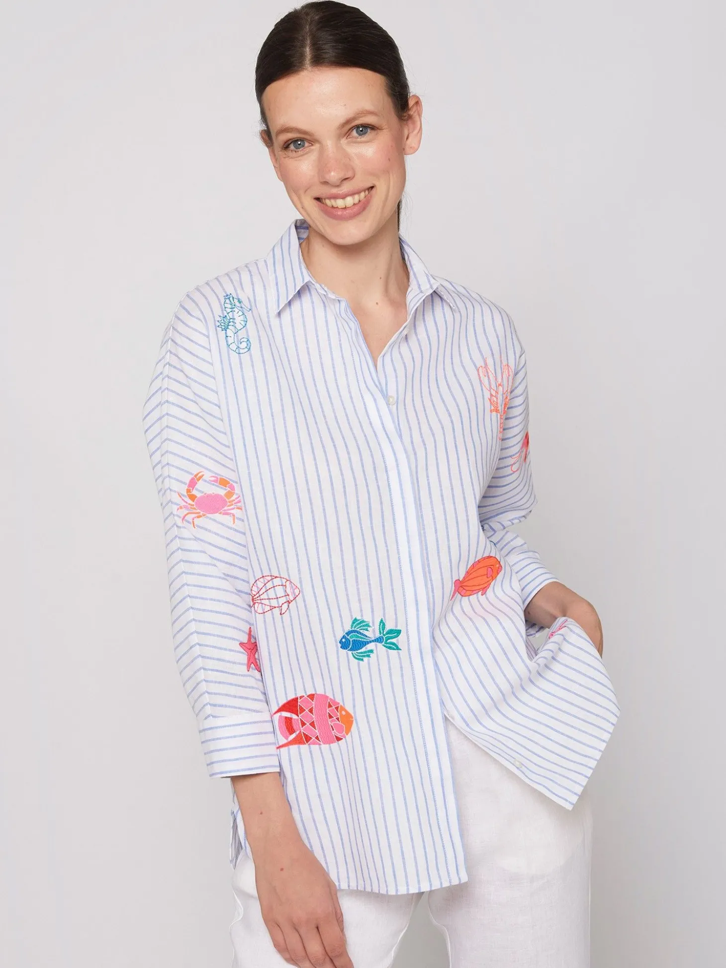 Vilagallo Camisa Louisa Emb Blue Linen Stripe Sale
