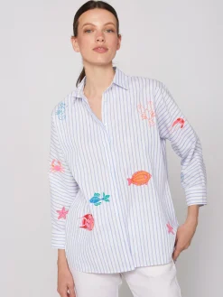 Vilagallo Camisa Louisa Emb Blue Linen Stripe Sale