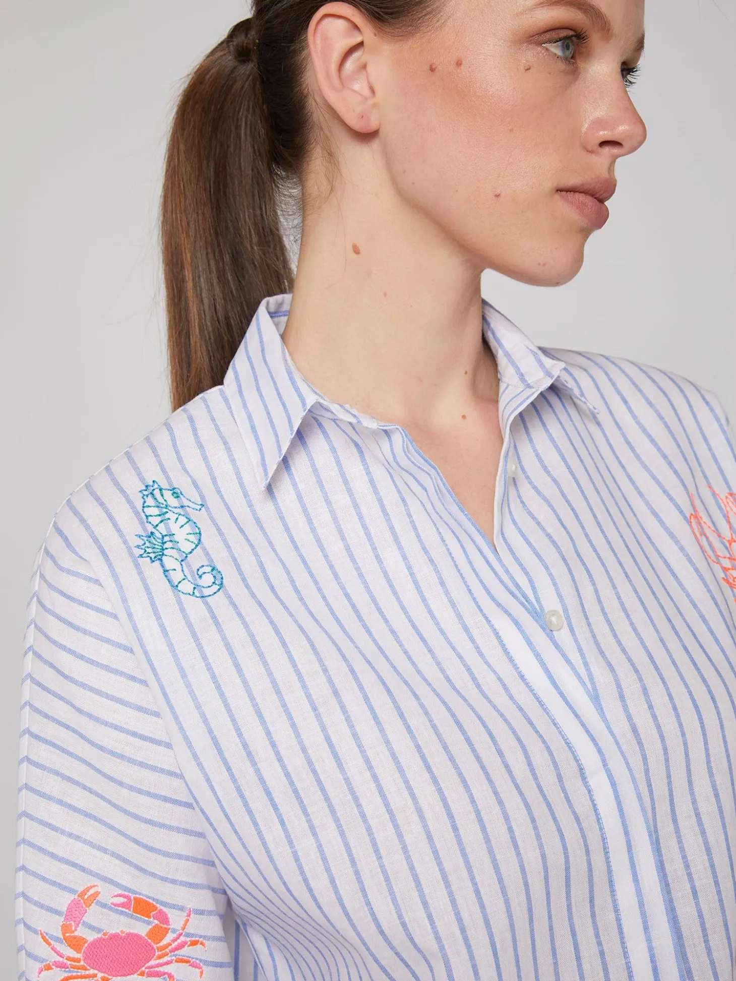Vilagallo Camisa Louisa Emb Blue Linen Stripe Sale