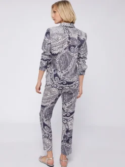 Vilagallo Pantalon Lino Estampado Paisley Navy Discount