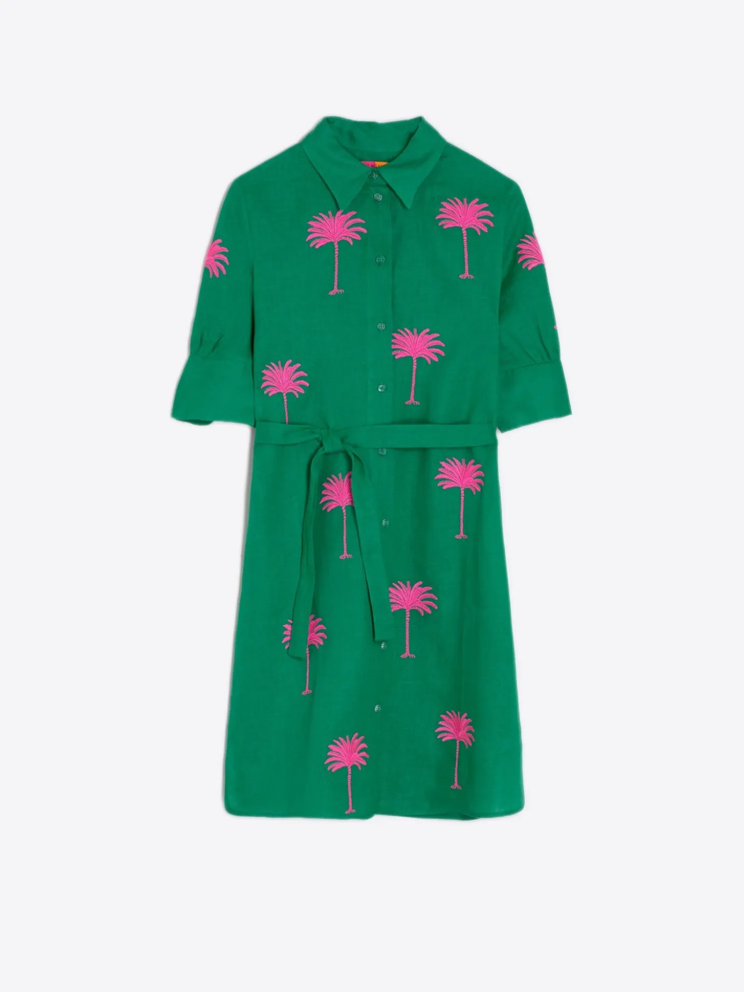 Vilagallo Vestido Camisero Lino Verde Bordado Palmera Flash Sale