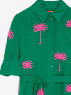 Vilagallo Vestido Camisero Lino Verde Bordado Palmera Flash Sale