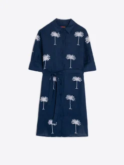 Vilagallo Vestido Lino Marino Bordado Palmeras Online