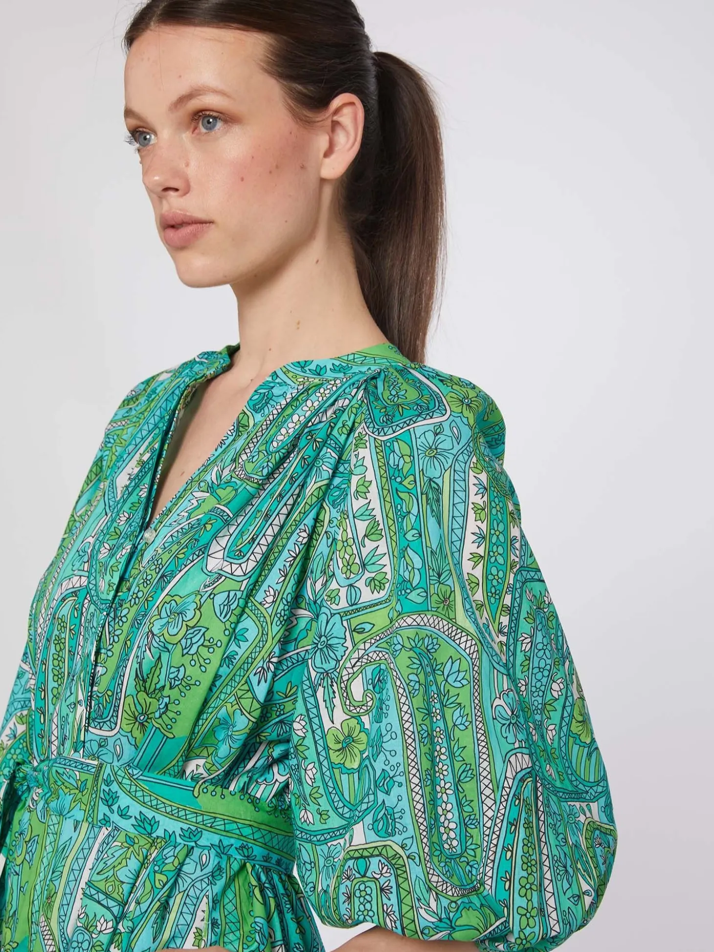 Vilagallo Vestido Manga Abullonada Paisley Verde Fashion