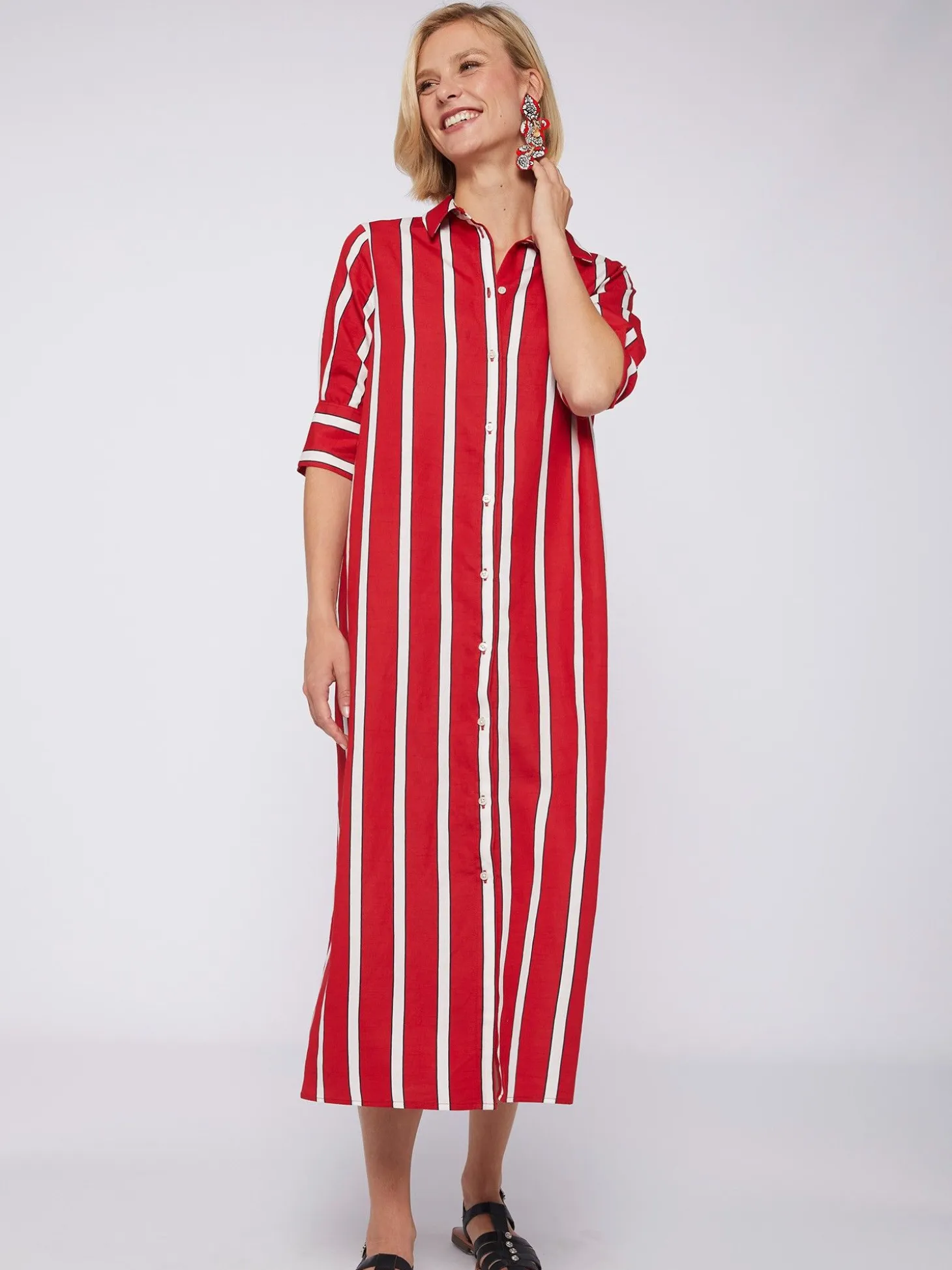 Vilagallo Vestido Midi Camisero Rayas Rojo Outlet