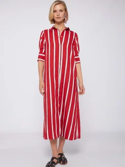 Vilagallo Vestido Midi Camisero Rayas Rojo Outlet