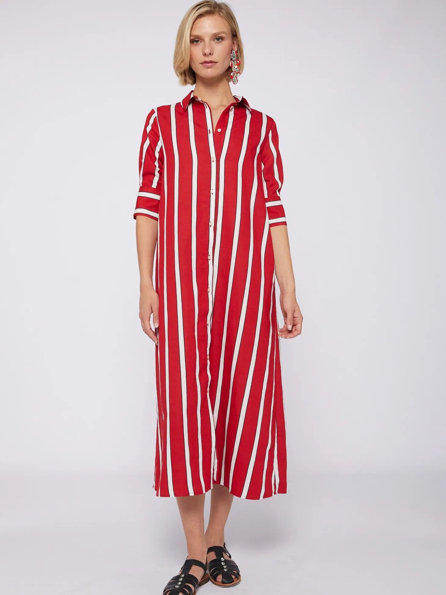 Vilagallo Vestido Midi Camisero Rayas Rojo Outlet