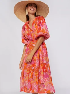 Vilagallo Vestido Midi Manga Abullonada Estampado Pink Blossom Cheap