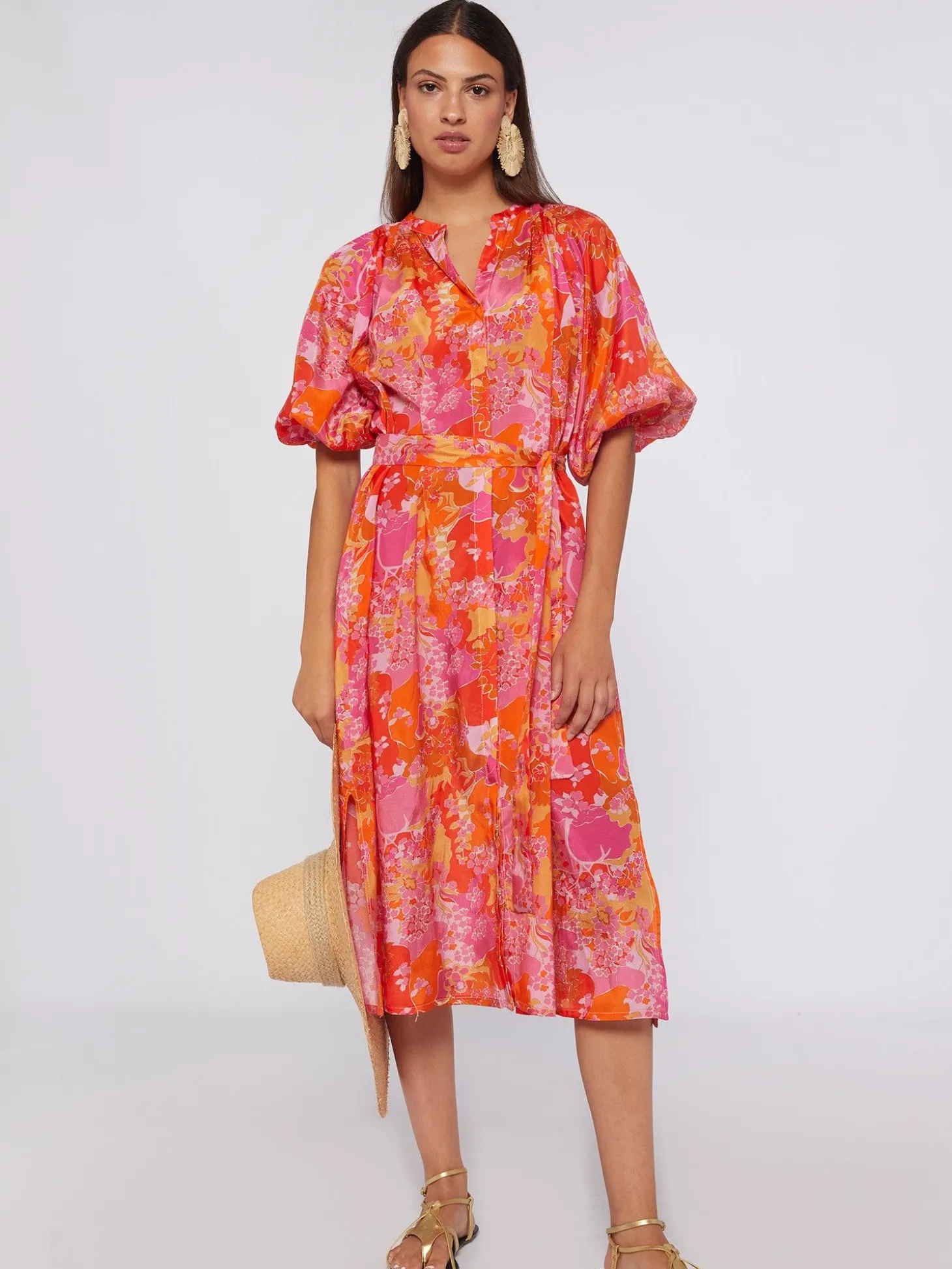 Vilagallo Vestido Midi Manga Abullonada Estampado Pink Blossom Cheap