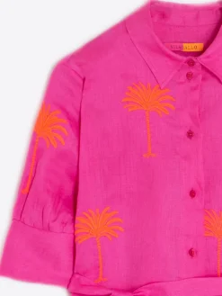 Vilagallo Vestido Rosa Bordado Palmeras 100% Lino Best Sale
