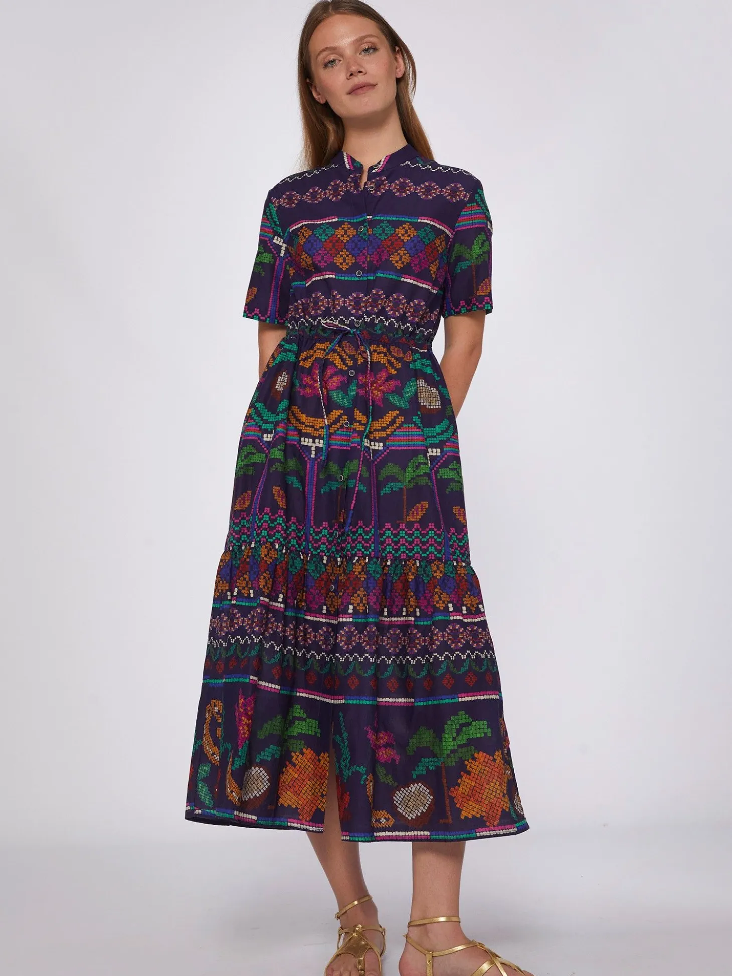 Vilagallo Vestido Volantes Marino Menorca Cross Stitch Print Fashion