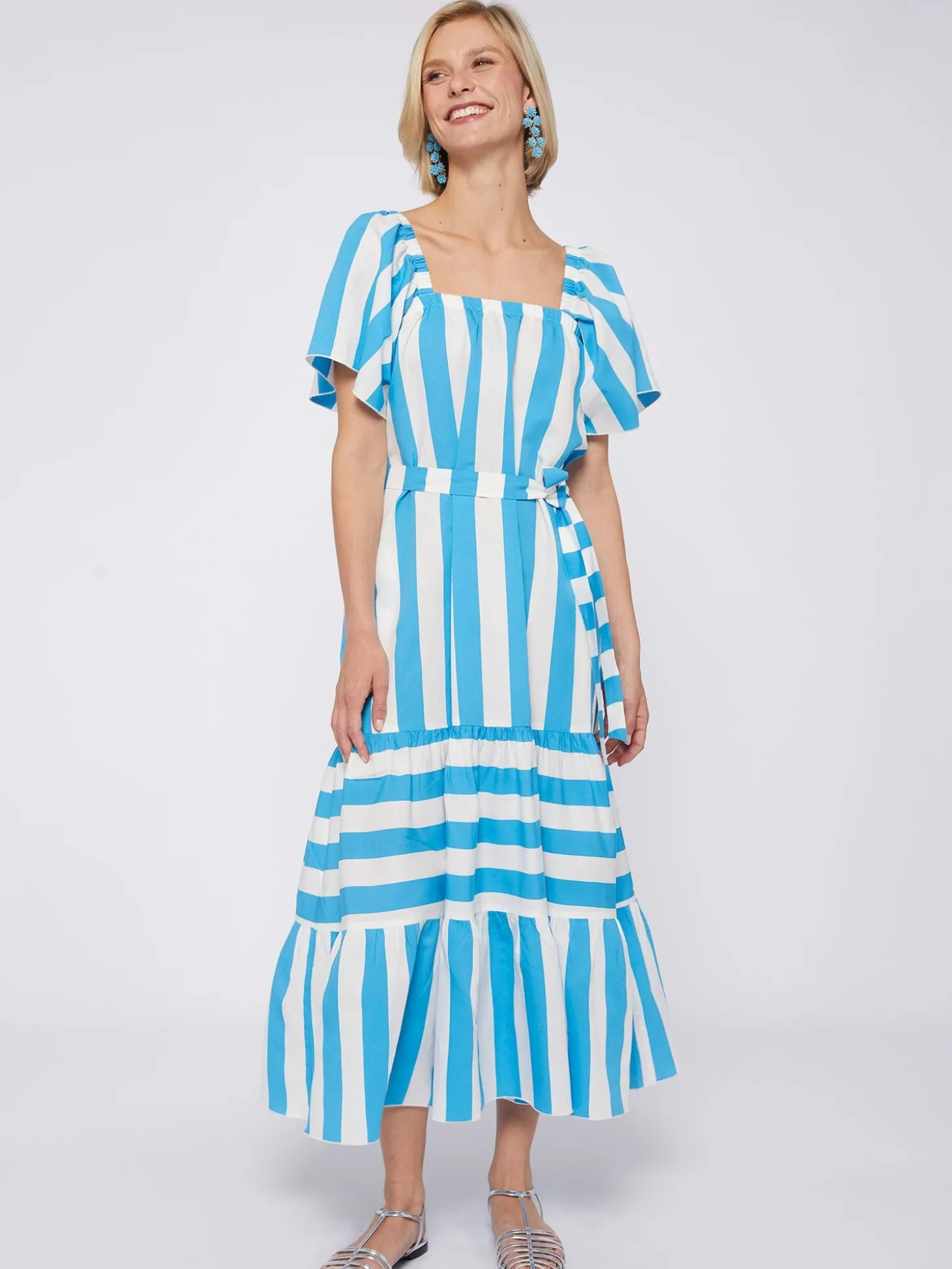 Vilagallo Vestido Volantes Rayas Turquesa Flash Sale